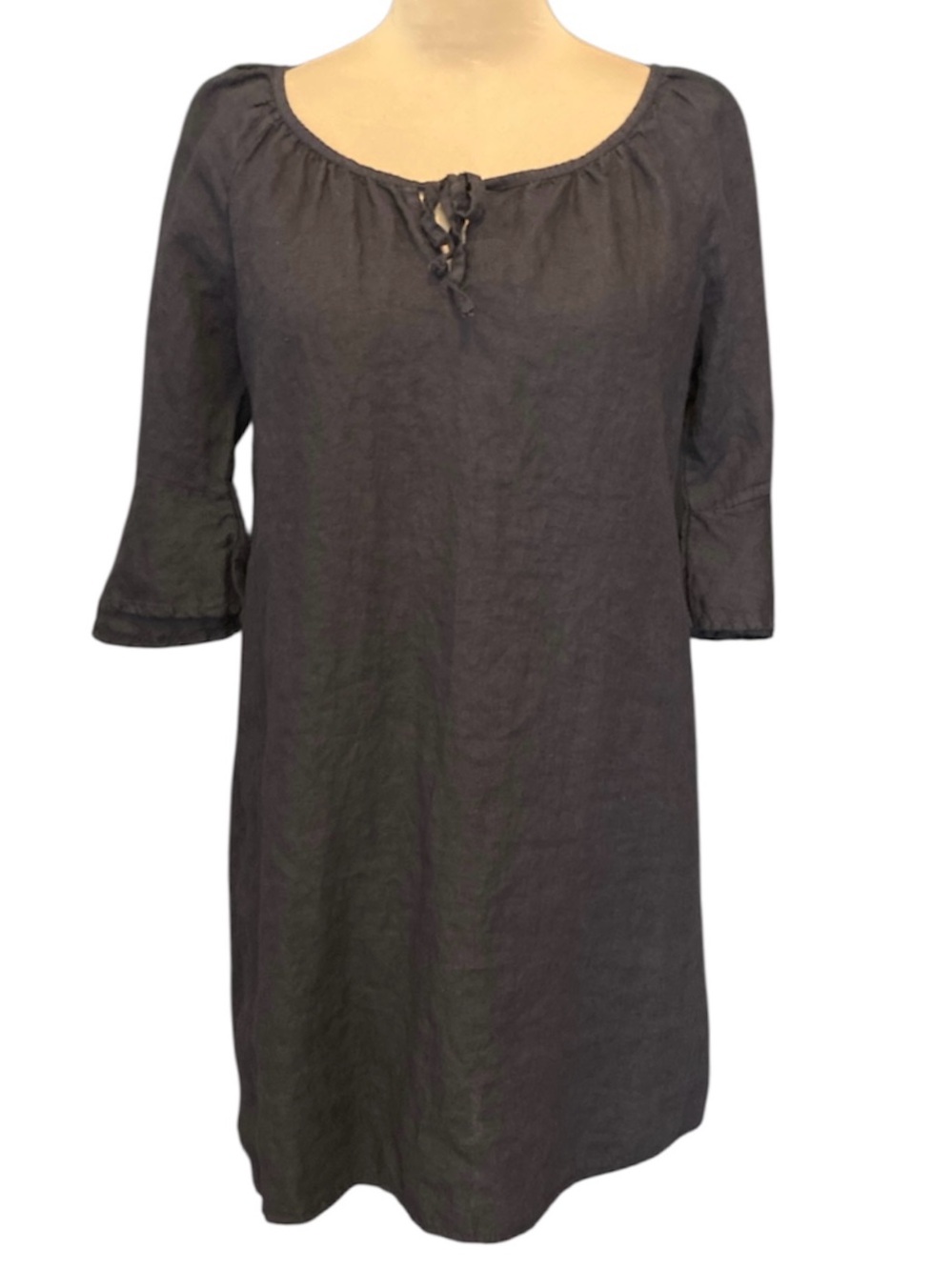 100% Linen Navy Tie-Neck Women’s Mini Dress with Ruffle 3/4 Sleeves